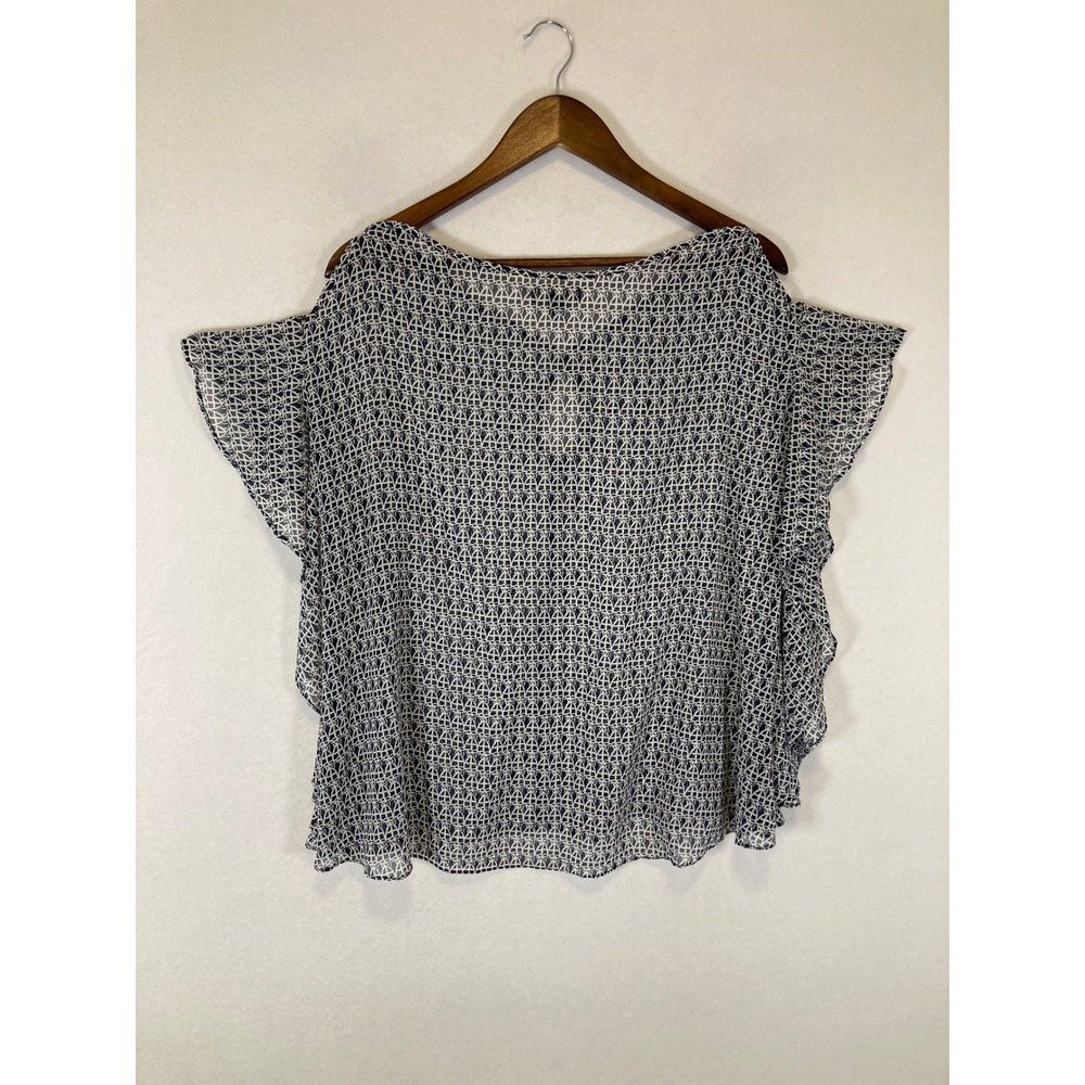 Boho Max Edition Women XLP Navy White Geometric Flutter Cold Shoulder Blouse - Picture 2 of 8